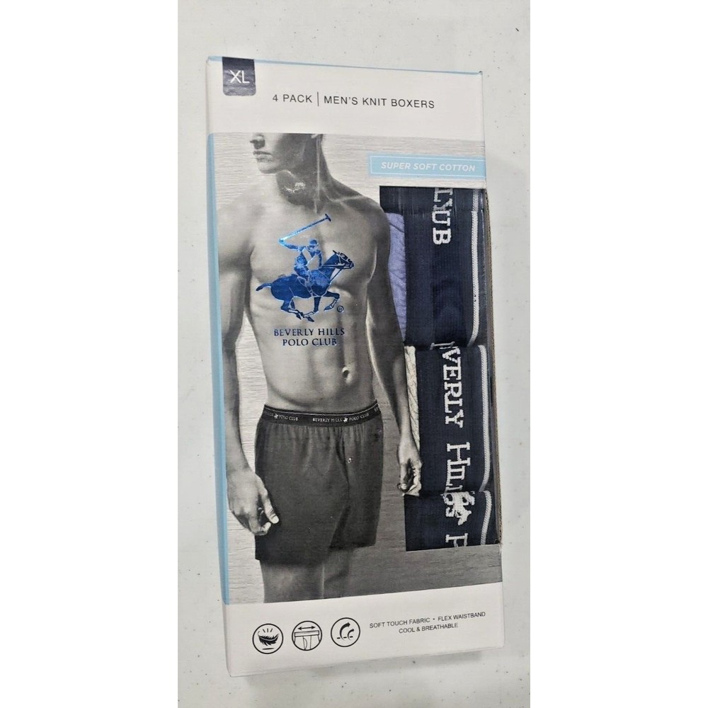 Beverly Hills Polo Club Men's XL   4 Pack Knit Boxer   Blue /Charcoal/Navy /Grey